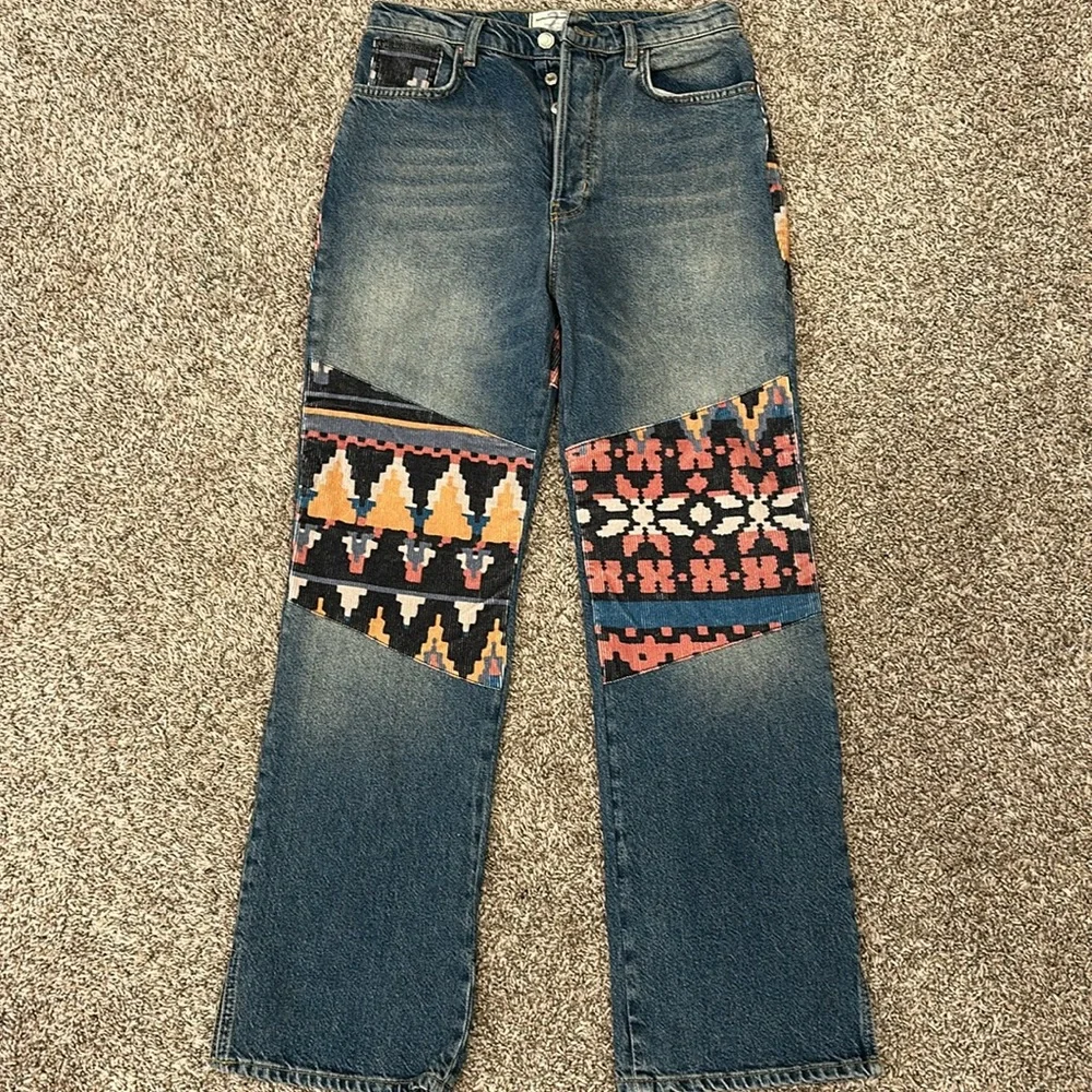 New Free People We The Free Rocky Mountain Straight Leg Alpine Patchwork Jeans - Picture 3 of 6
